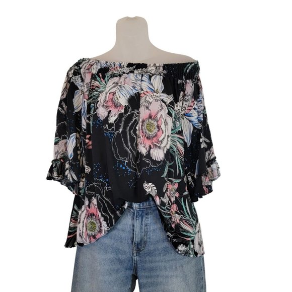 Jaase Boho Floral Flowy Bell Sleeve Shoulder Crop Blouse, XS. - Picture 2 of 9